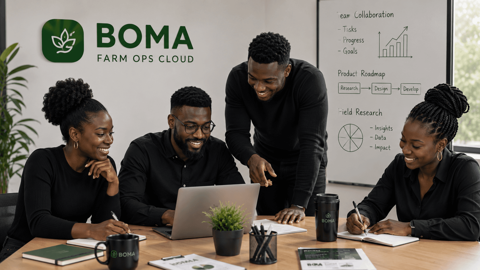 Boma team collaborating in front of the Boma Farm Ops Cloud brand wall